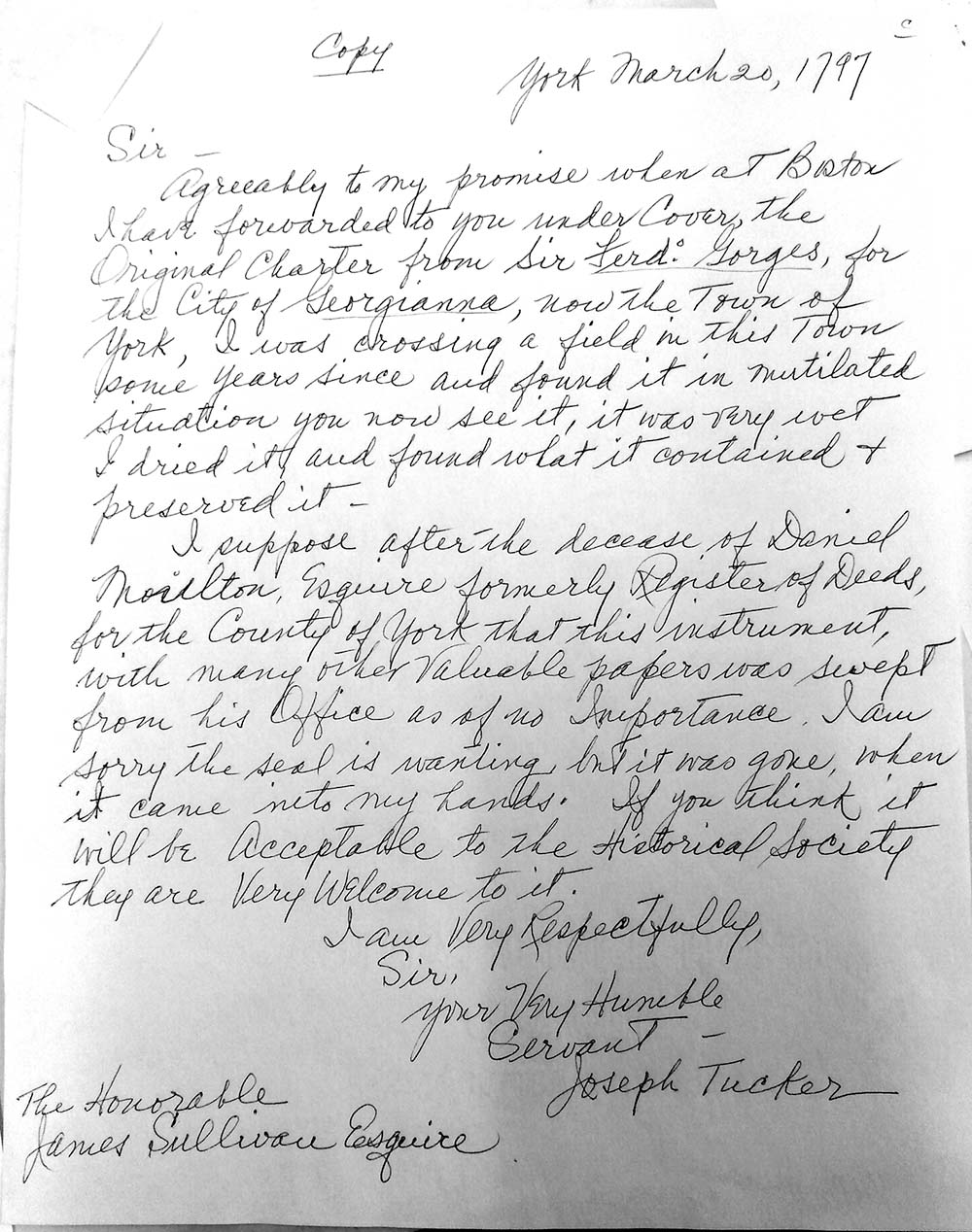 Copy of a Letter from Joseph Tucker who found the Charter of Gorgeana in a refuse pile