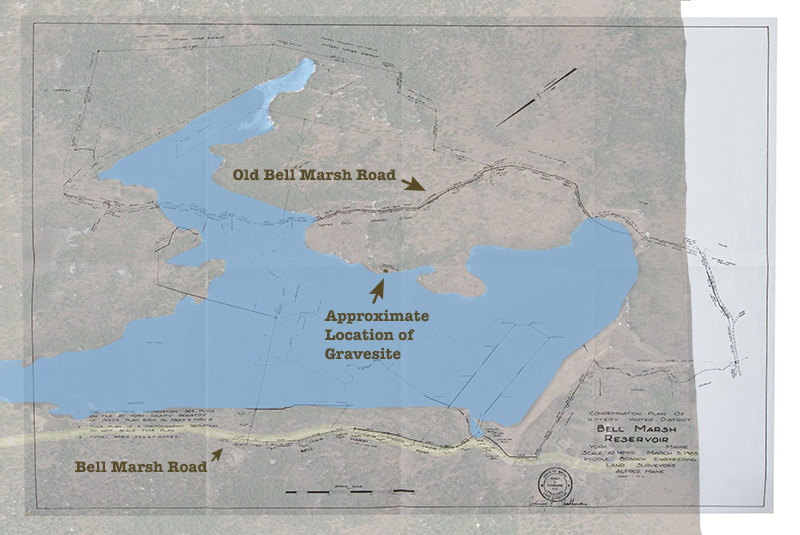 1985 Property Plan of Bell Marsh Reservoir showing approximate site of an unknown gravesite that was exhumed before the flooding of Bell Marsh Reservoir.