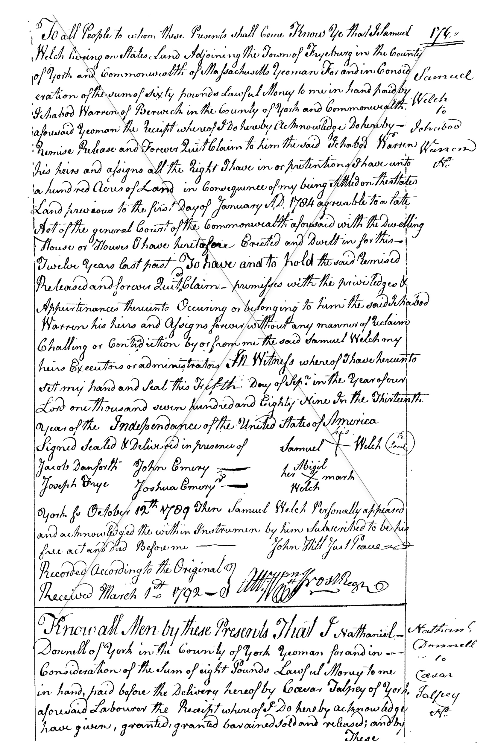 Deed of Nathaniel Donnell to Caezar Talpey, Slave of Richard Talpey. 1792