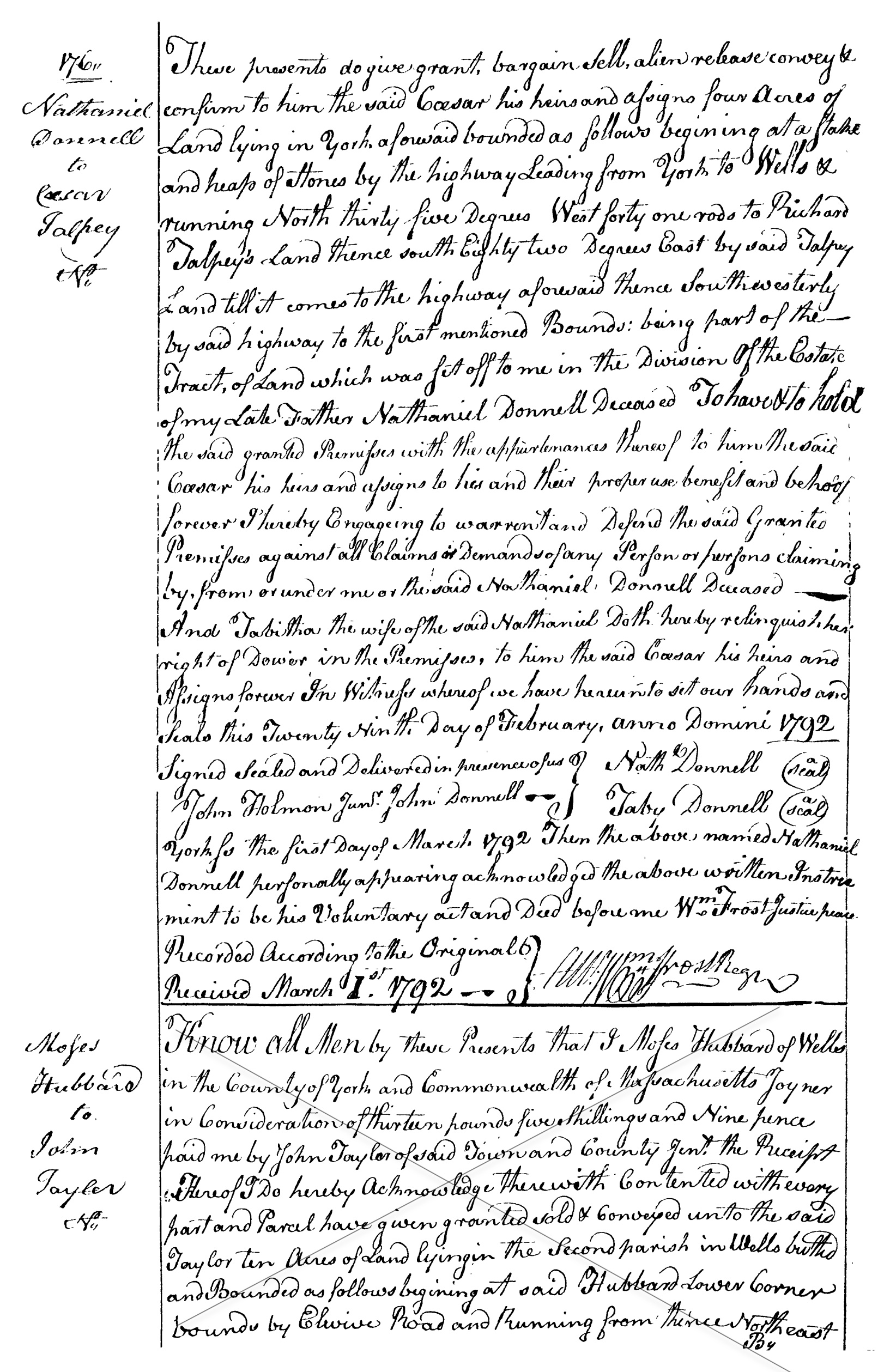 Deed from Nathaniel Donnell to Caezar Talpey, Slave of Richard Talpey. 1792 (page 2)