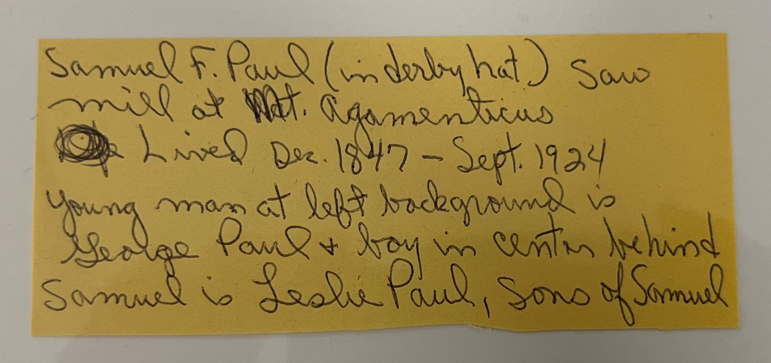 Reverse of Samuel Paul Sawmill photo. Written by Ronald Nowell